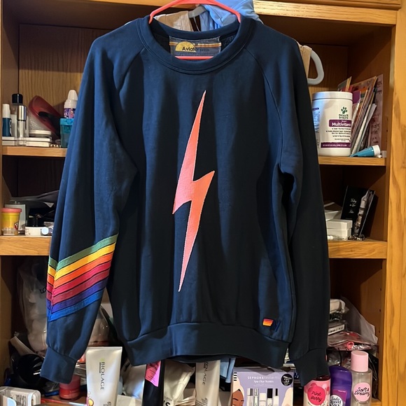 Aviator nation navy sweatshirt w/ pink bolt and stripe design on arm GUC beachy - Picture 4 of 12